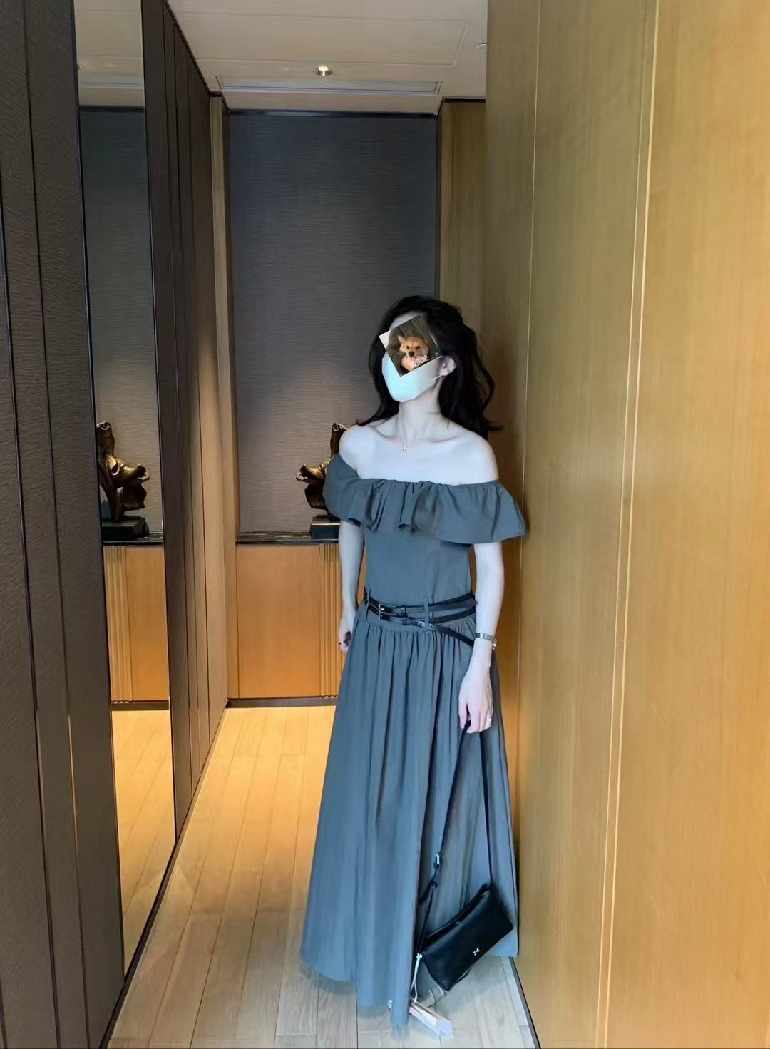 雙皮帶一字肩連衣裙5