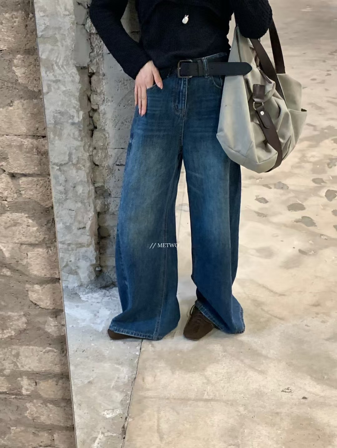 藍闊腿牛仔褲（配腰帶）1