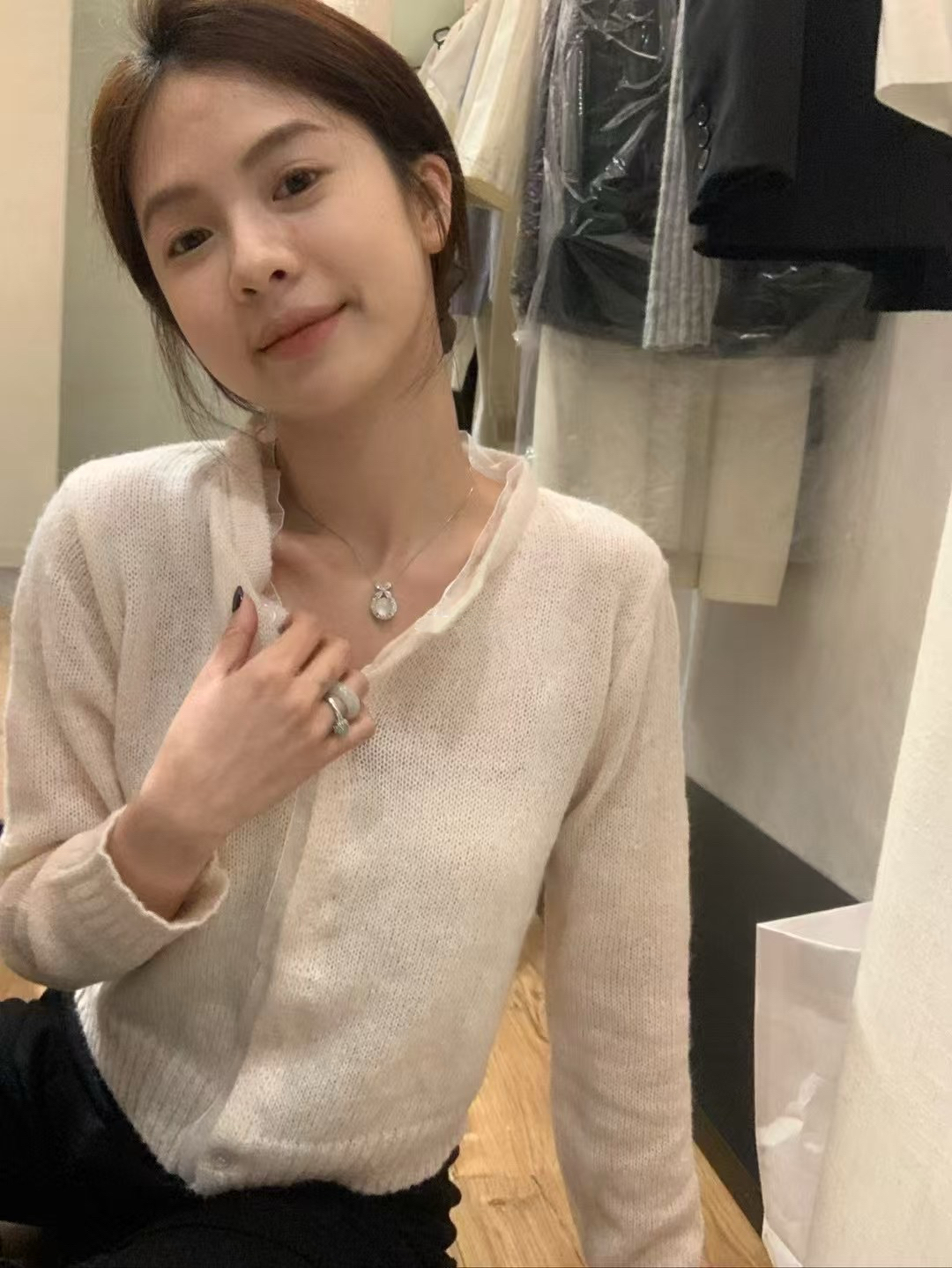 拼紗毛織開衫18