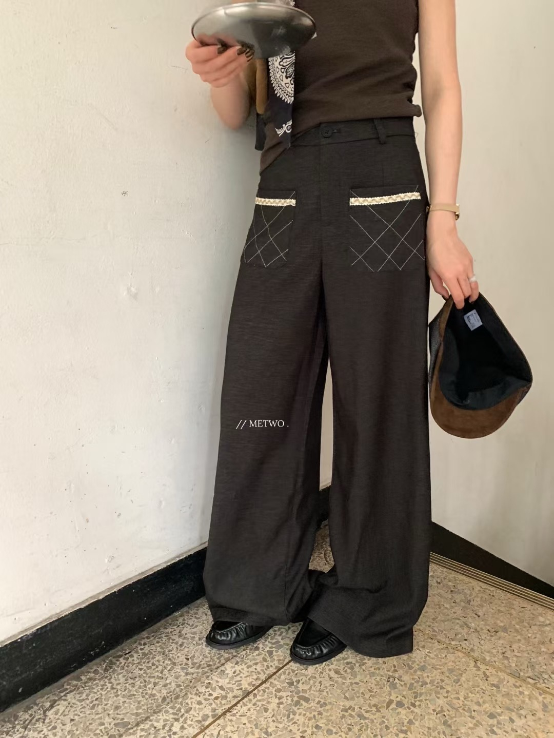 格子口袋直筒褲2