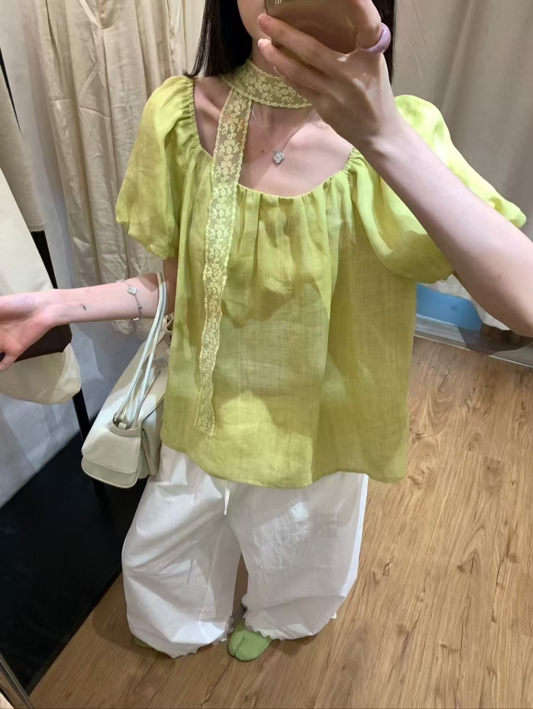 100%亞麻！配飄帶絲巾上衣12