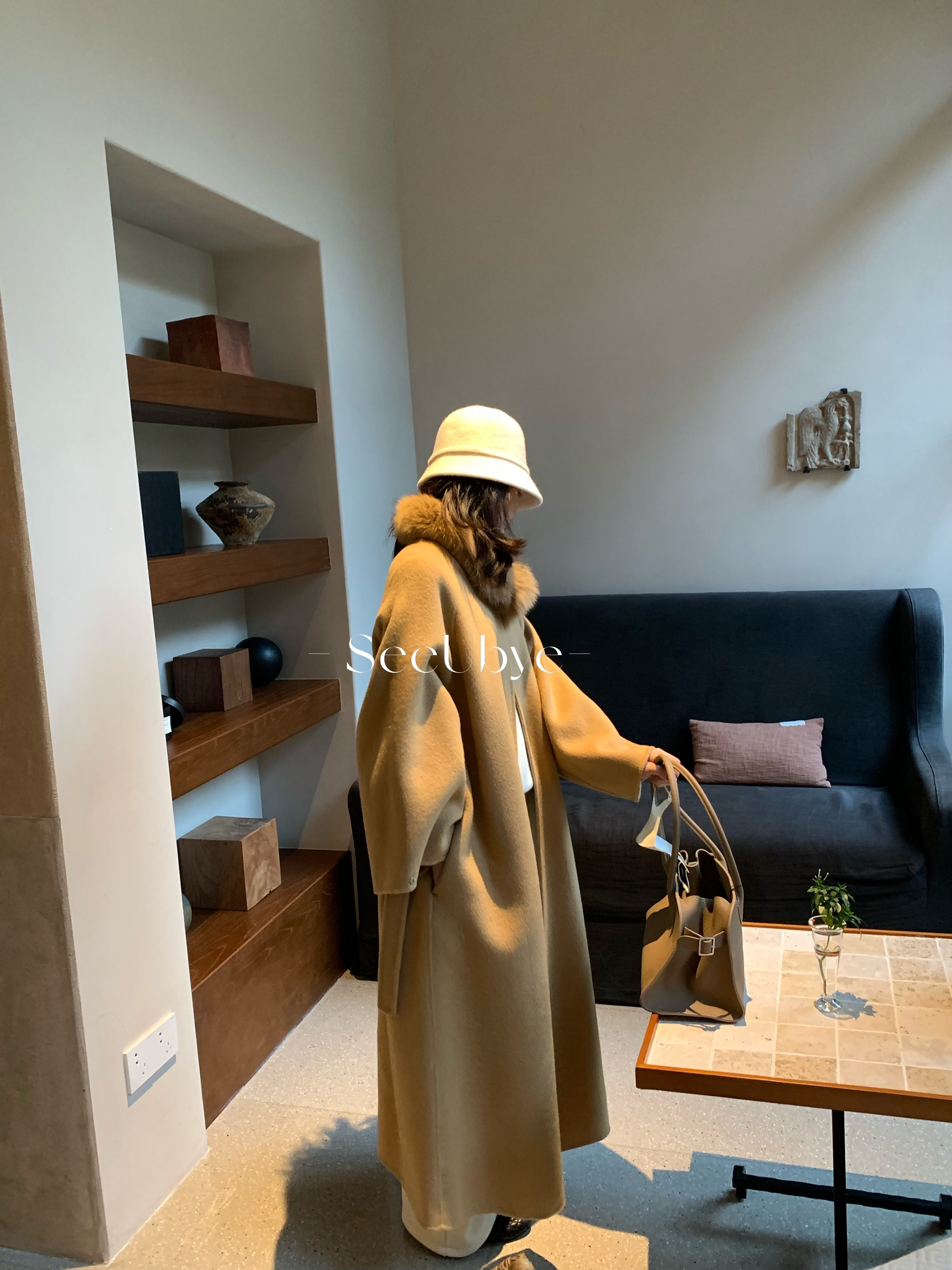 黑標｜帶真狐狸毛湘葉黃雙面手工羊絨大衣7