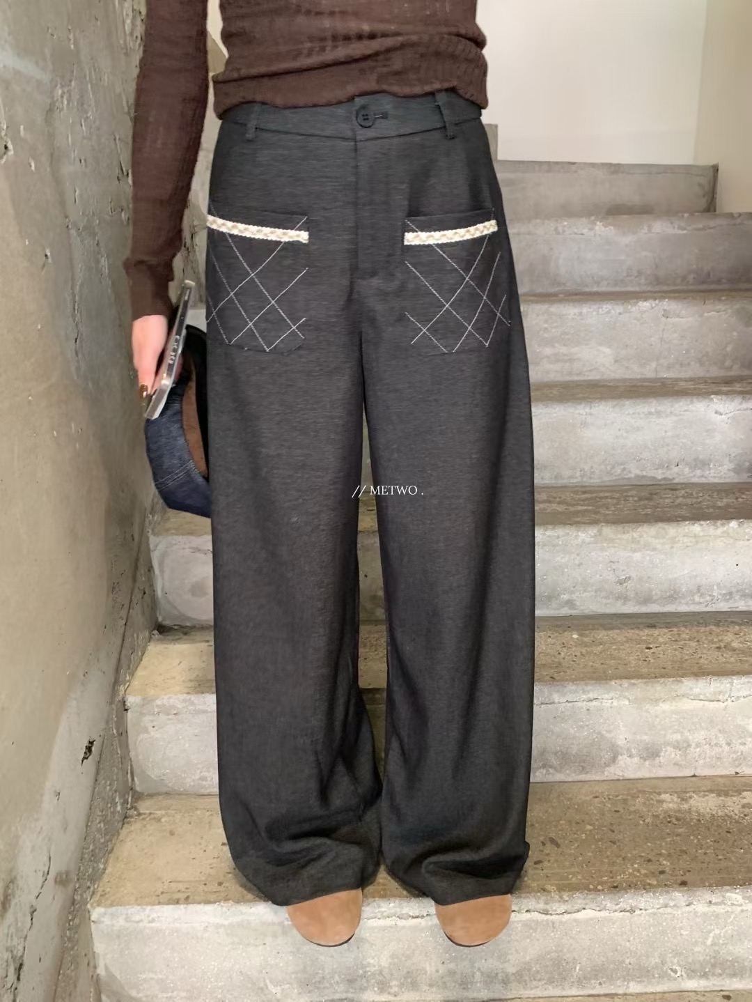 格子口袋直筒褲1