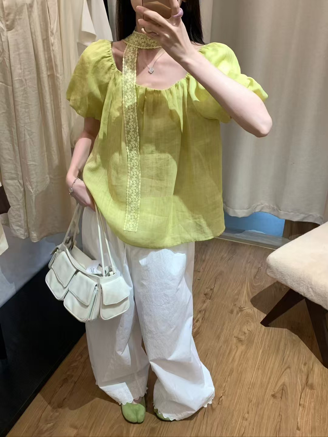 100%亞麻！配飄帶絲巾上衣2