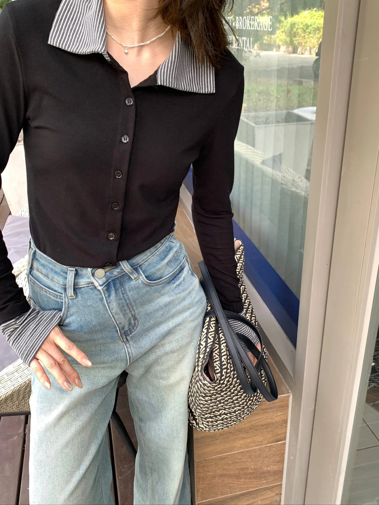 拼接條紋polo針織上衣2