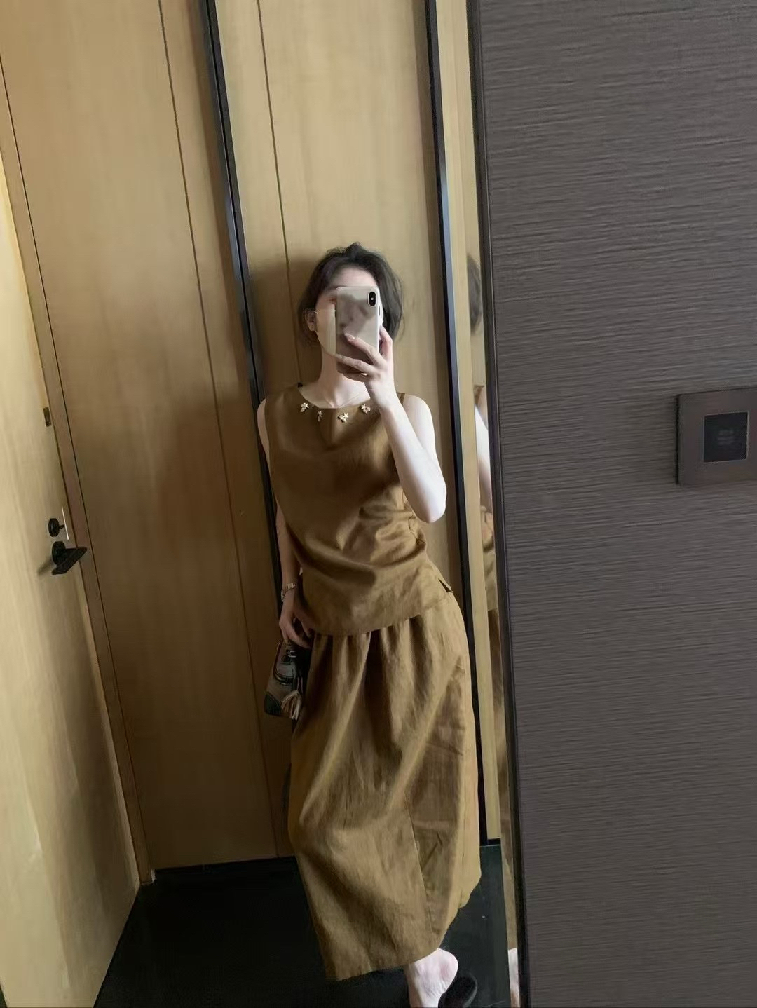 老錢風！麻料貝殼背心➕半身裙套裝1