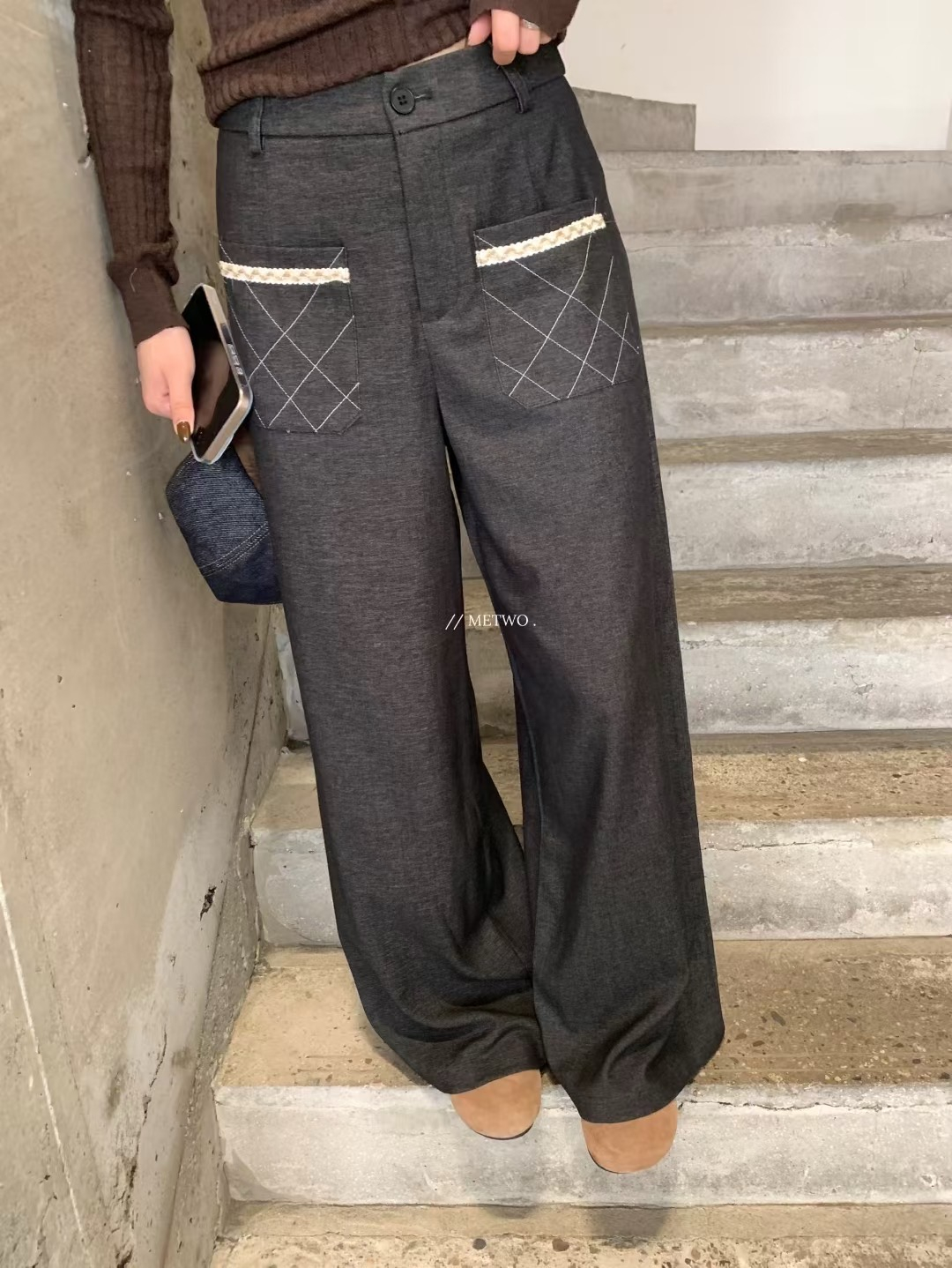 格子口袋直筒褲3