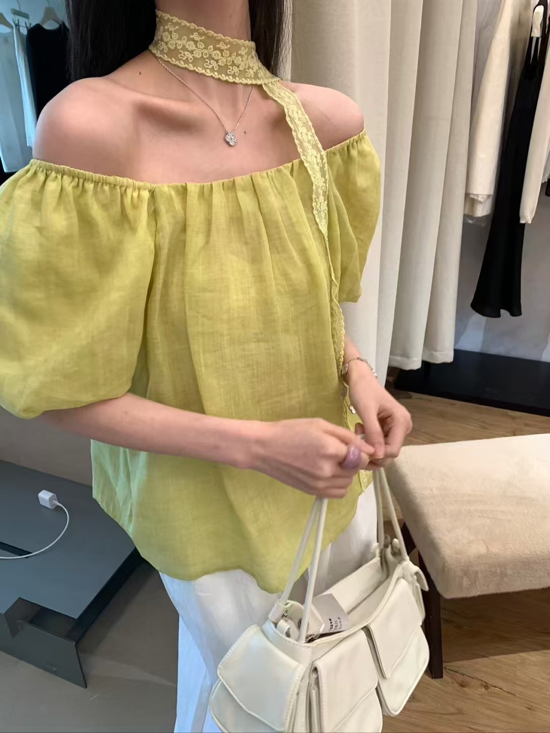 100%亞麻！配飄帶絲巾上衣9