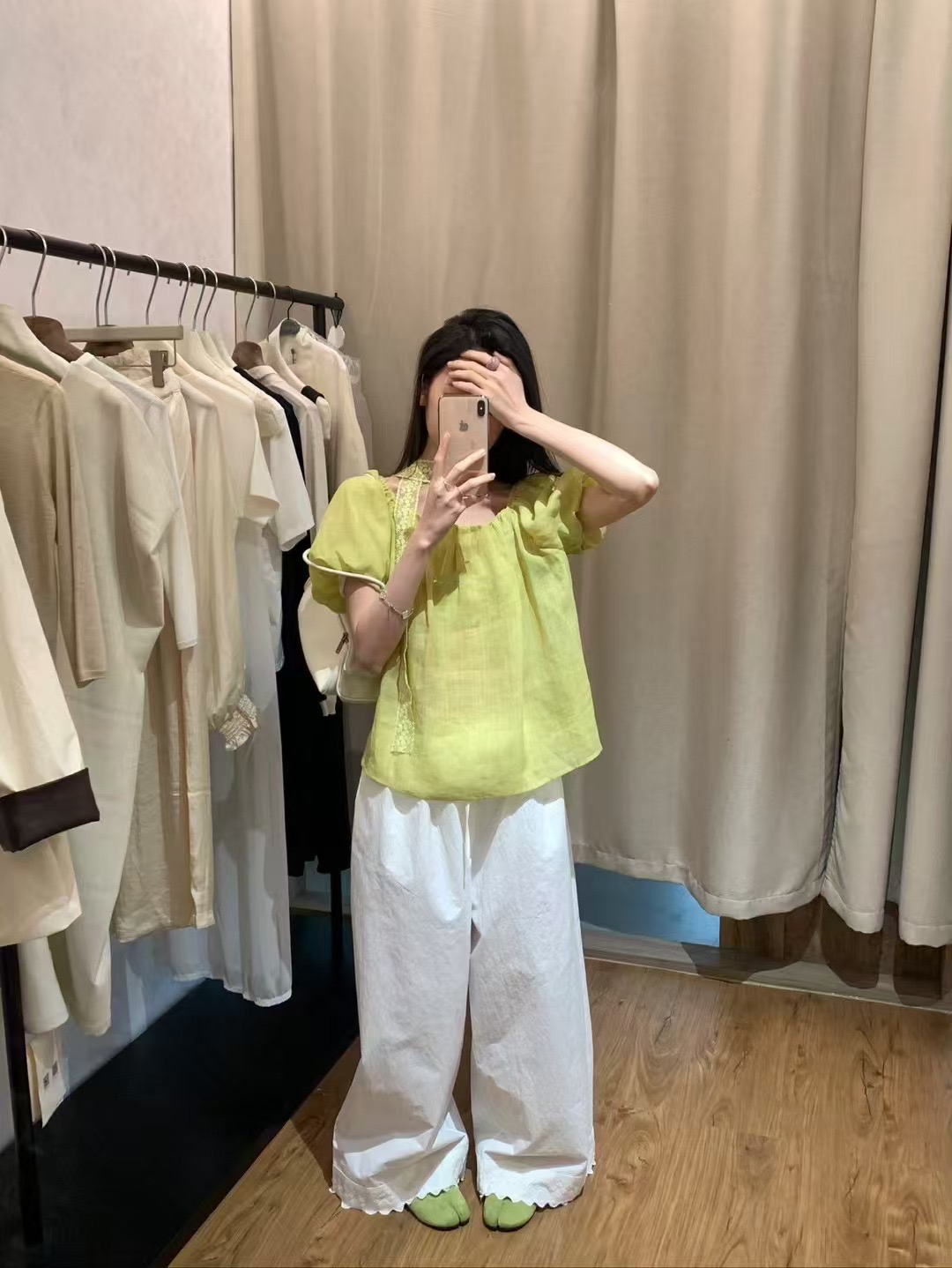 100%亞麻！配飄帶絲巾上衣1