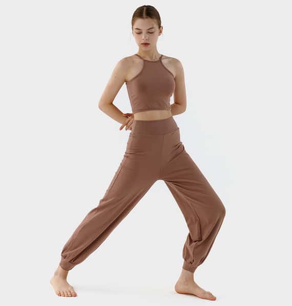 Conchwear 幕斯棉 瑜珈小寬鬆款束腳寬褲 粉磚啡 CON033BRN