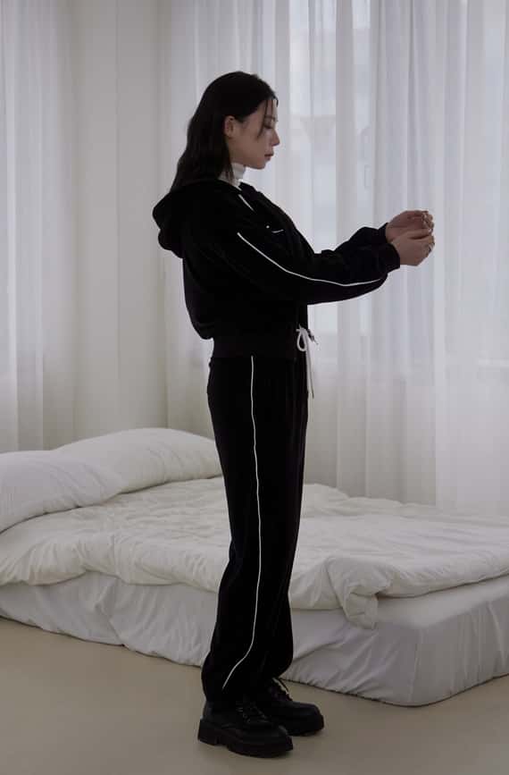 車線拼接絨面抽繩長褲