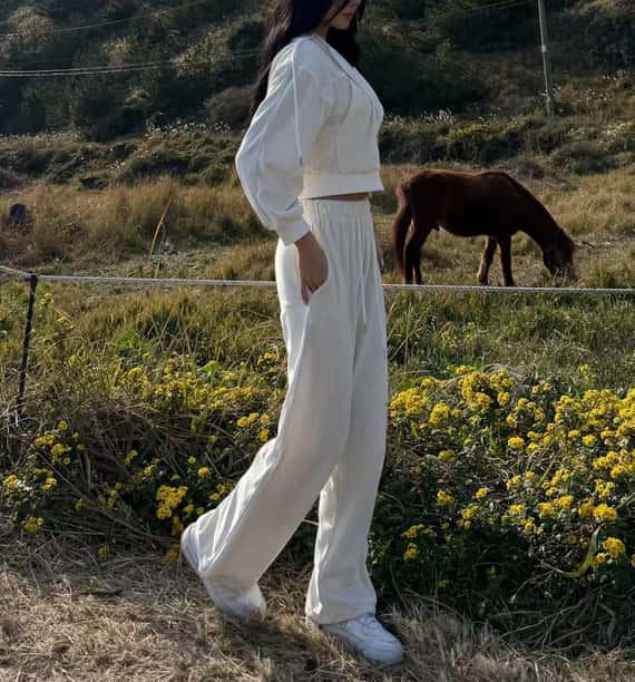 車線拼接絨面抽繩長褲