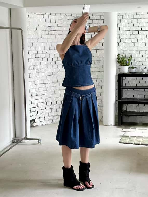 經典簡約附腰帶牛仔裙（成套）