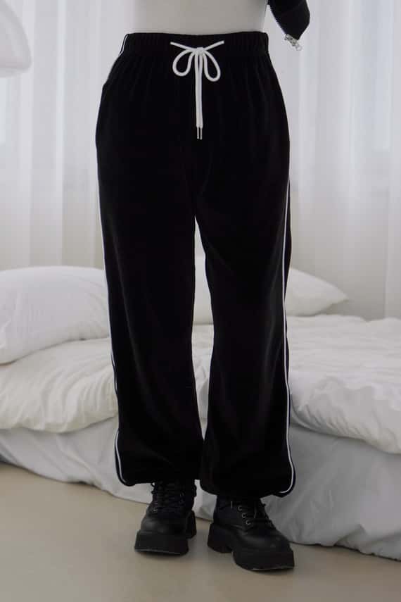 車線拼接絨面抽繩長褲