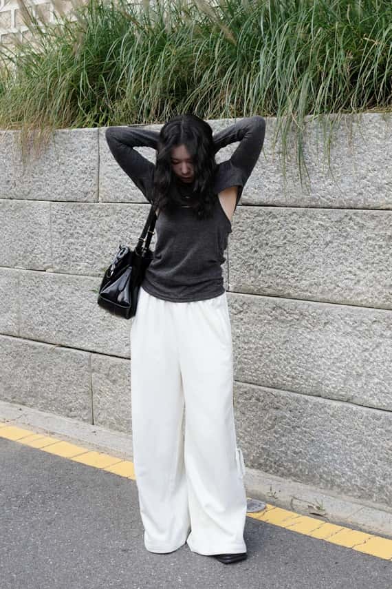 緞帶側刷綁結鬆緊棉褲