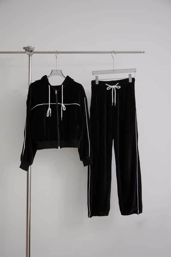 車線拼接絨面抽繩長褲