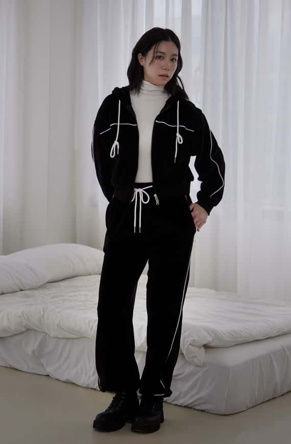 車線拼接絨面抽繩長褲