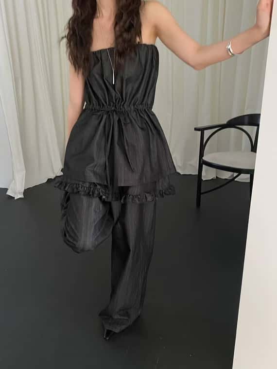 自帶裙擺軟料牛仔長褲