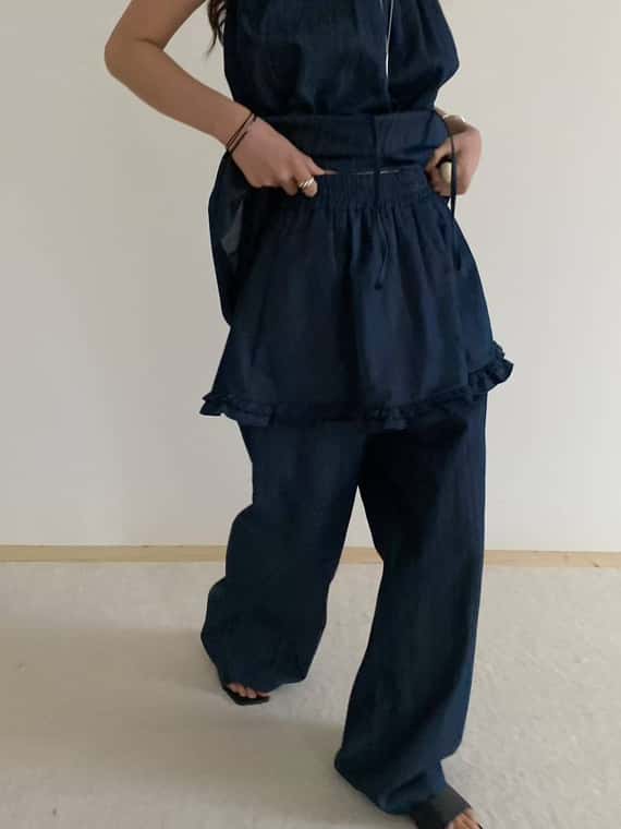 自帶裙擺軟料牛仔長褲