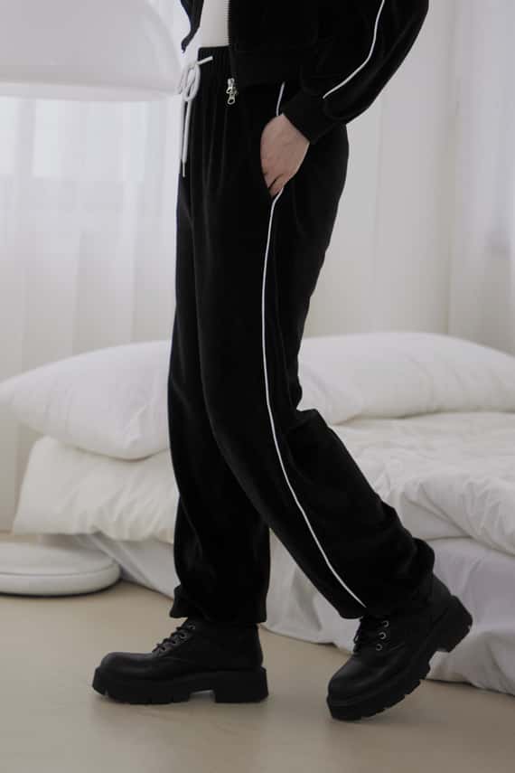 車線拼接絨面抽繩長褲