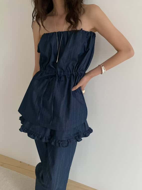 抽繩小口袋軟料牛仔背心