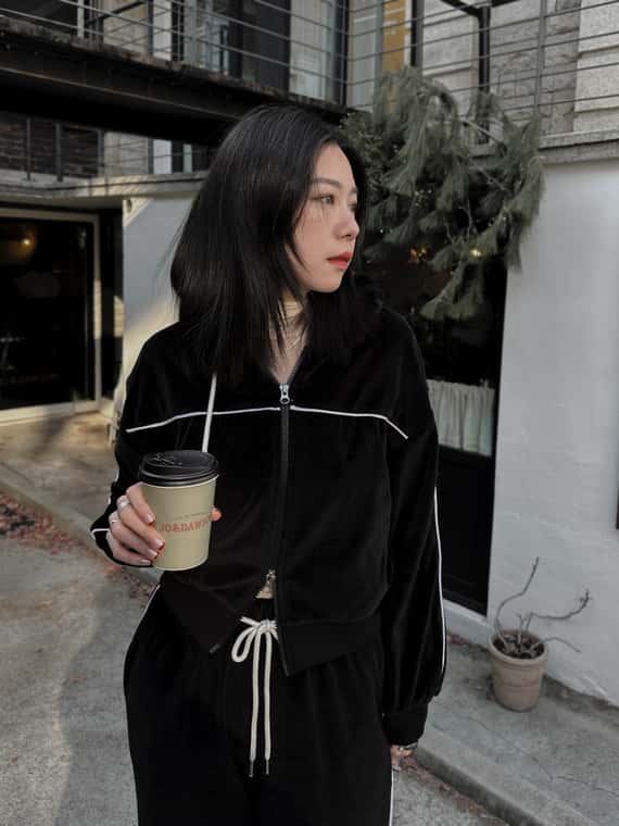 車線拼接絨面連帽外套