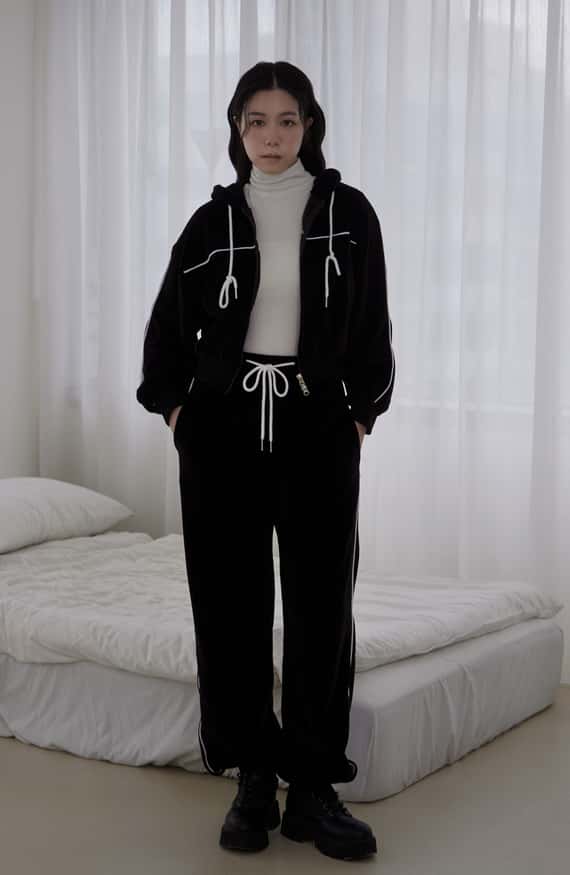 車線拼接絨面抽繩長褲