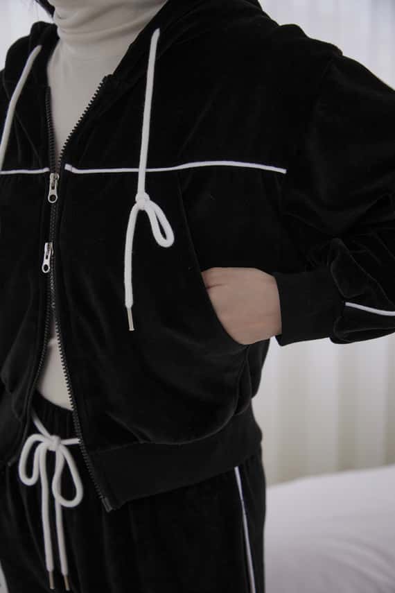 車線拼接絨面連帽外套