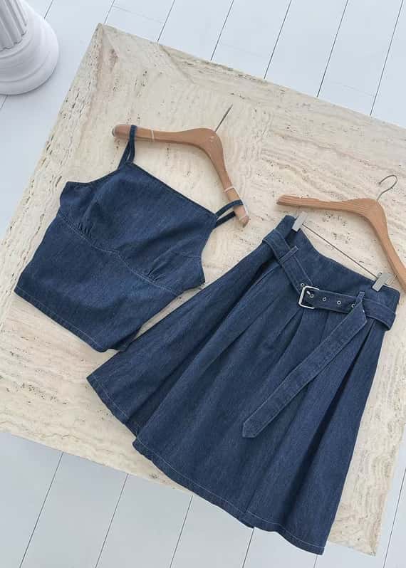 經典簡約附腰帶牛仔裙（成套）