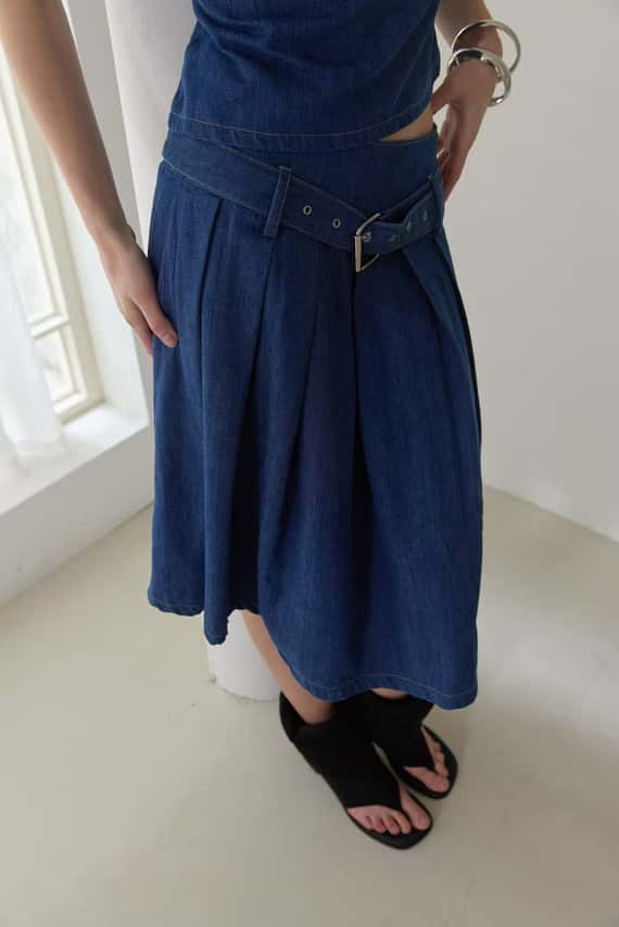 經典簡約附腰帶牛仔裙（成套）