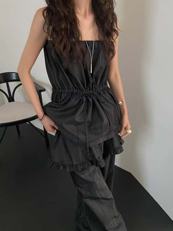 抽繩小口袋軟料牛仔背心