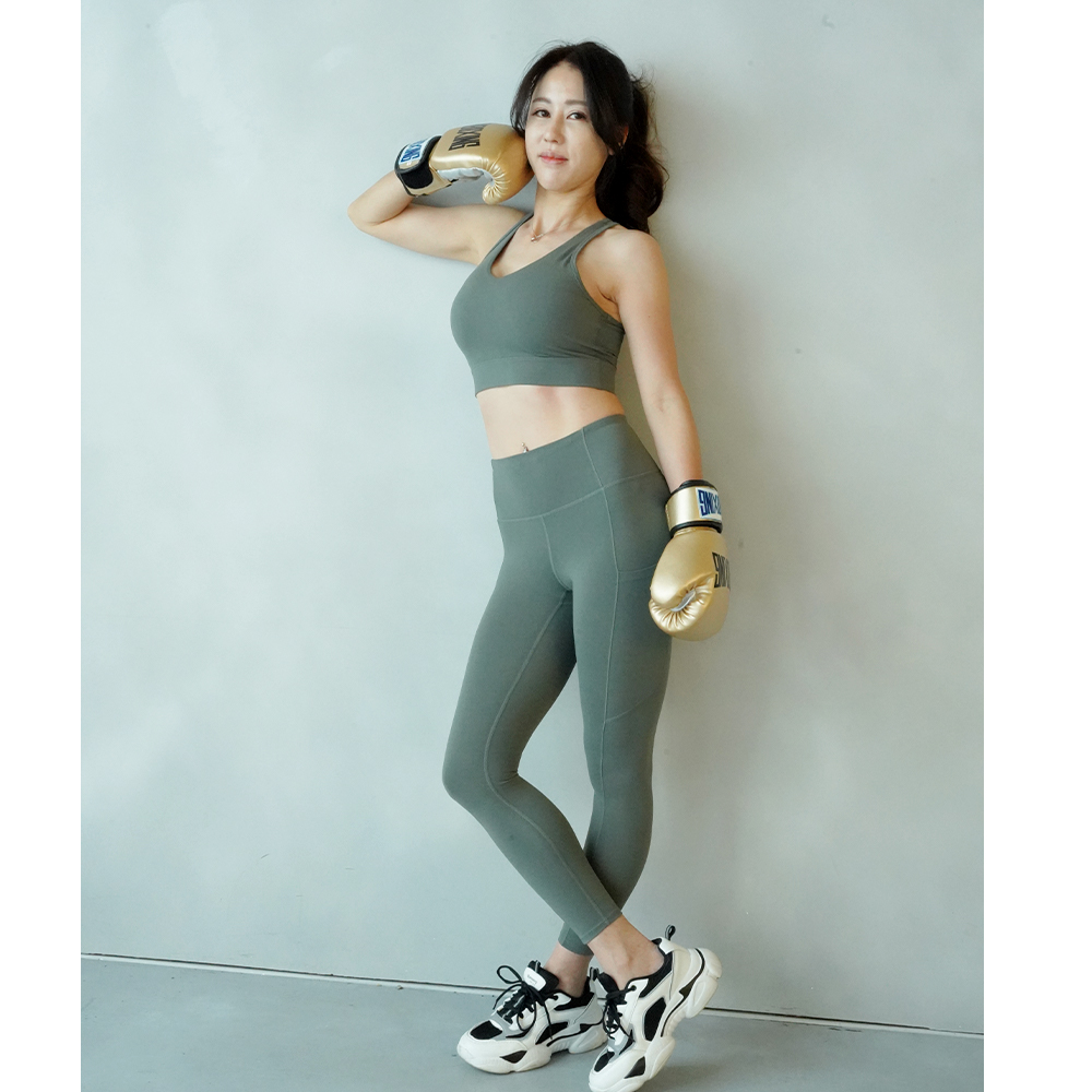 美麗飛高腰八分提臀褲 (有側袋款)- 霧灰綠