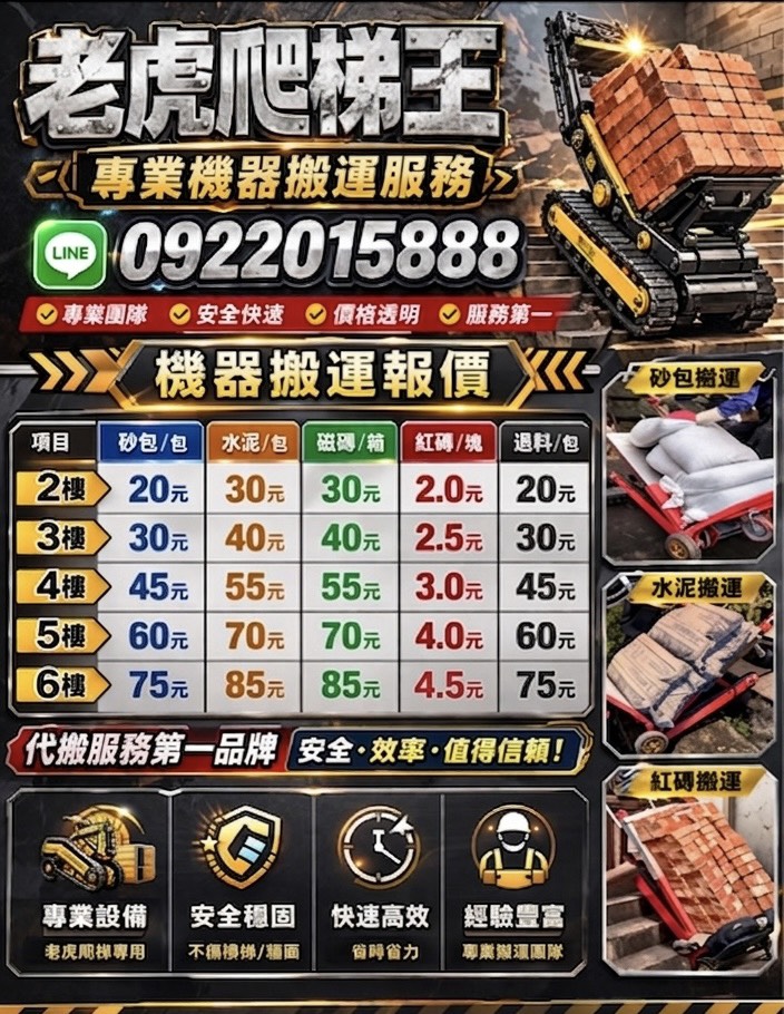 【老虎爬梯王】建材配送、機器爬樓梯送上樓 一站式服務、專業爬樓梯代搬服務的第一品牌2