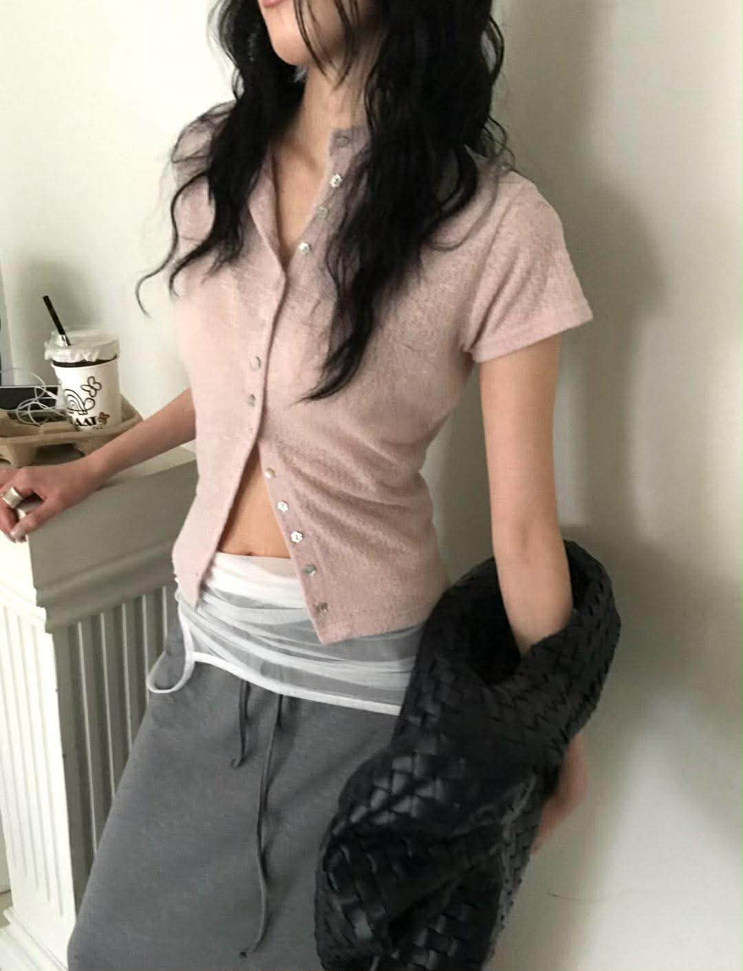 小花貝殼釦短袖衫 ( 3色 )12