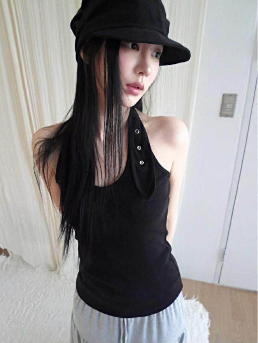 彈性直紋繞頸背心 ( 黑色/酒紅色 )19