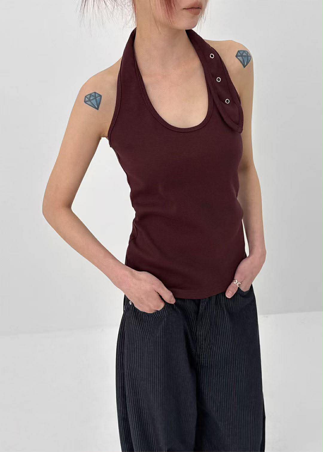 彈性直紋繞頸背心 ( 黑色/酒紅色 )6