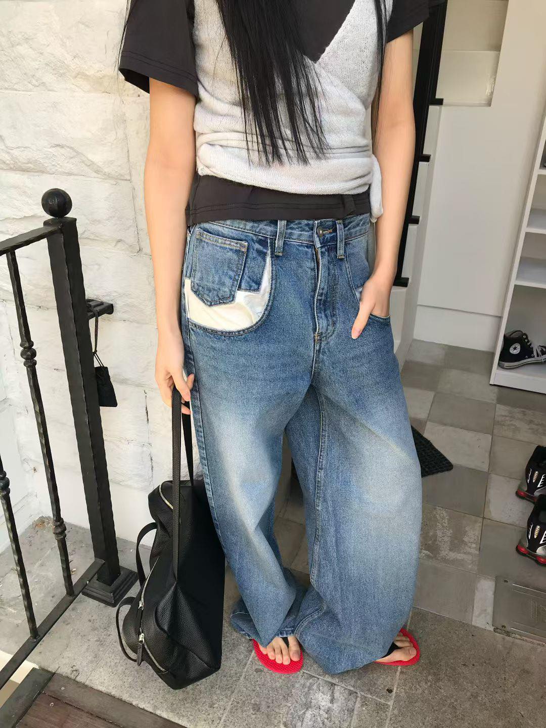 口袋外翻感小直筒褲14