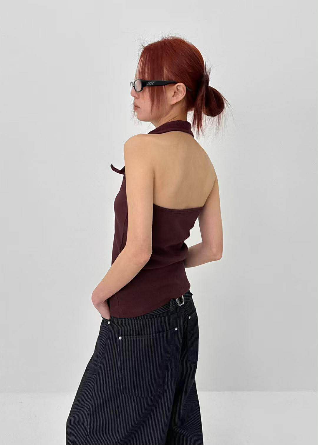 彈性直紋繞頸背心 ( 黑色/酒紅色 )7