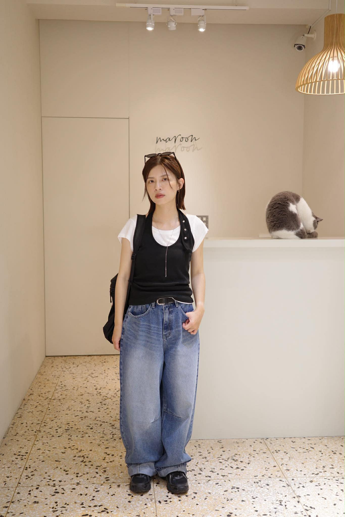 彈性直紋繞頸背心 ( 黑色/酒紅色 )15