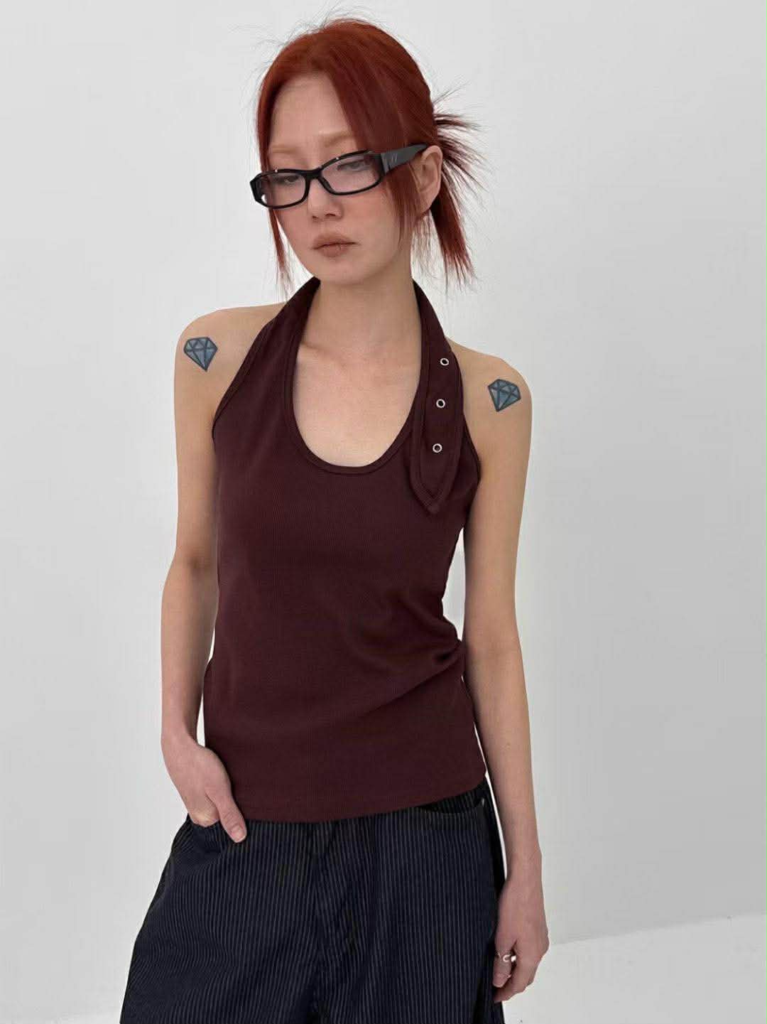 彈性直紋繞頸背心 ( 黑色/酒紅色 )5