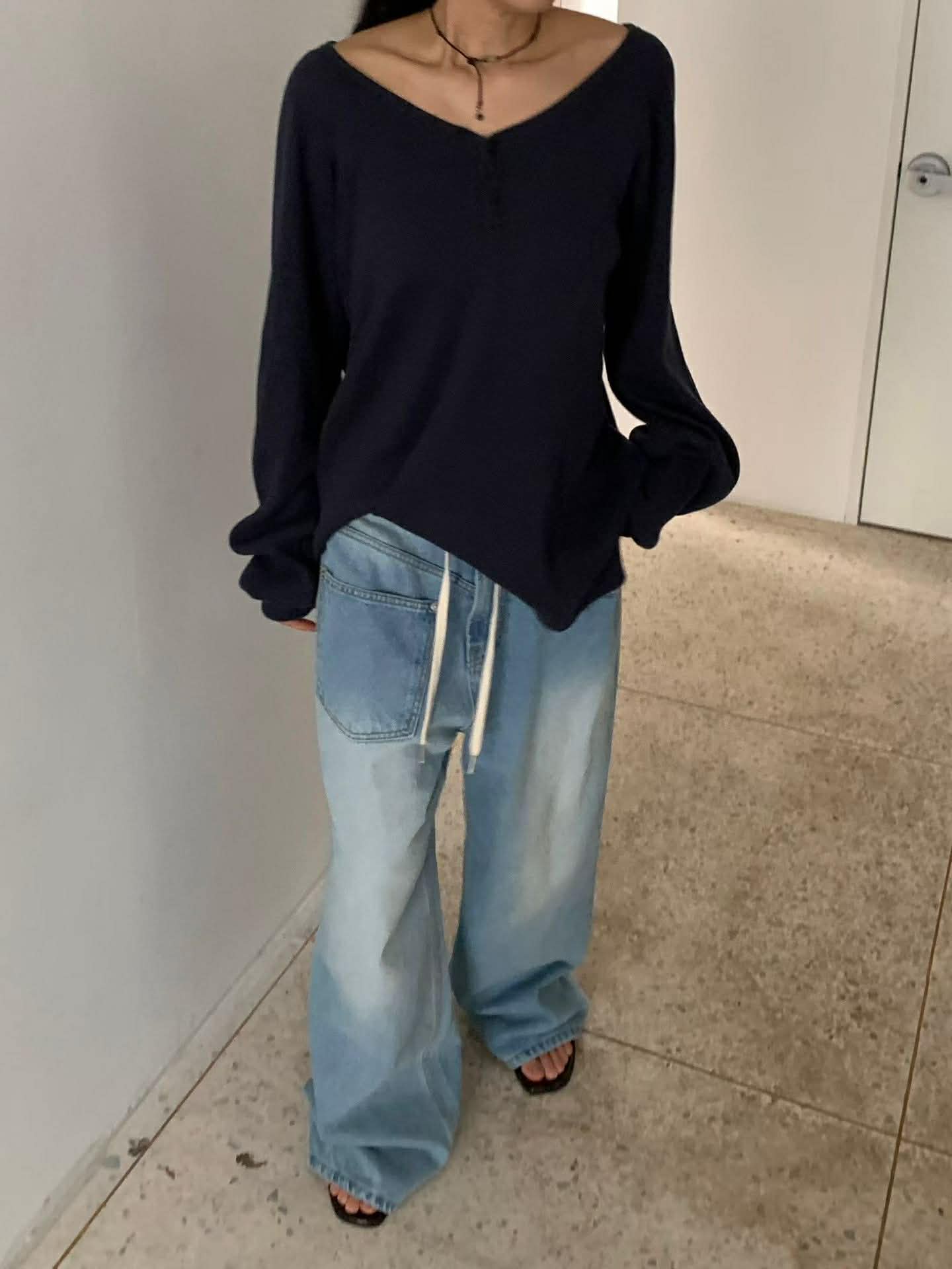 設計師不對稱口袋丹寧褲8