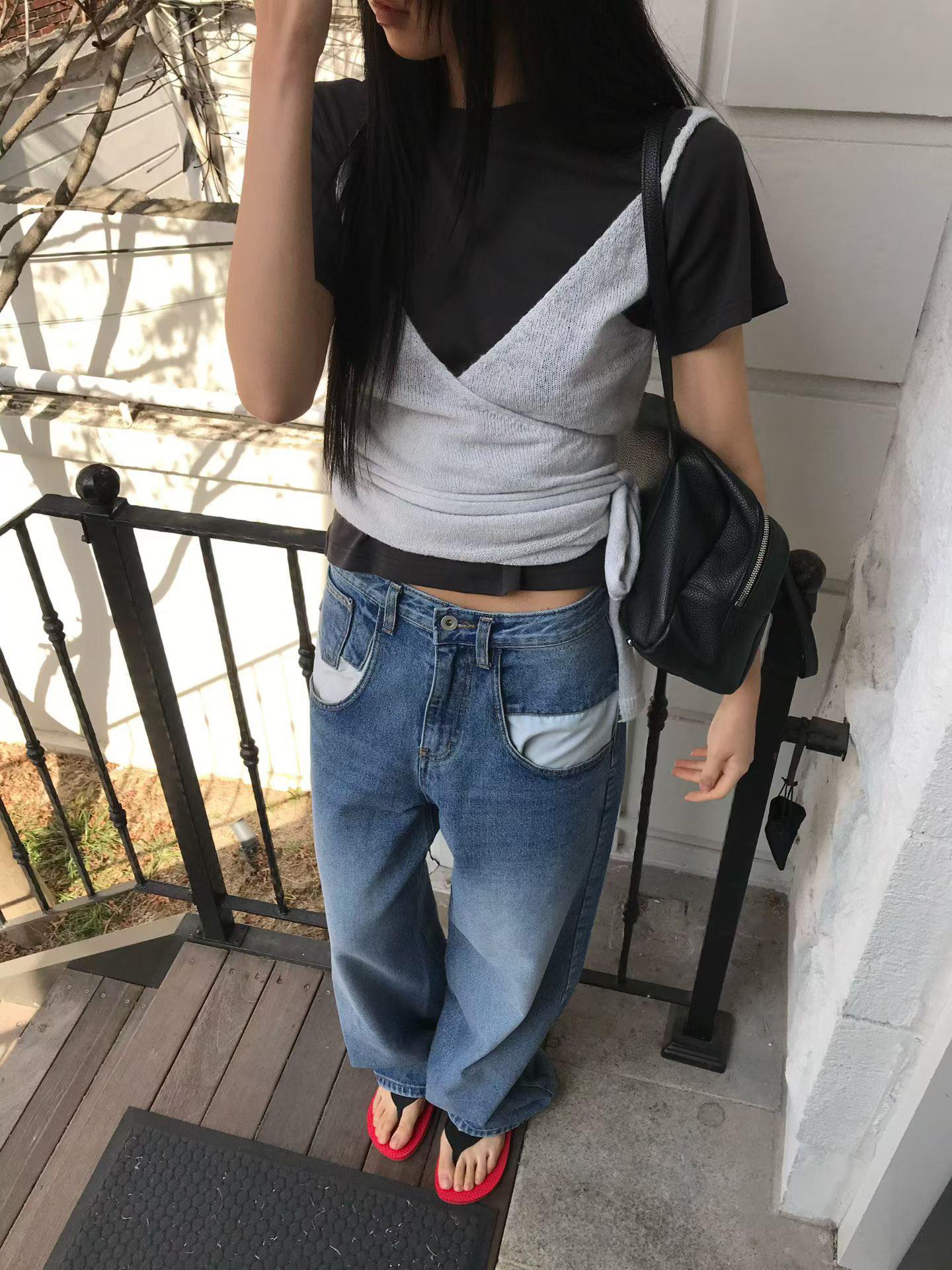 口袋外翻感小直筒褲16