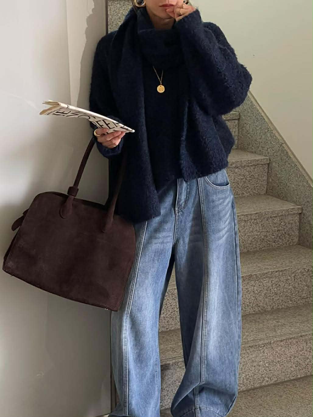 圍巾+V領毛衣SET ( 3色 )