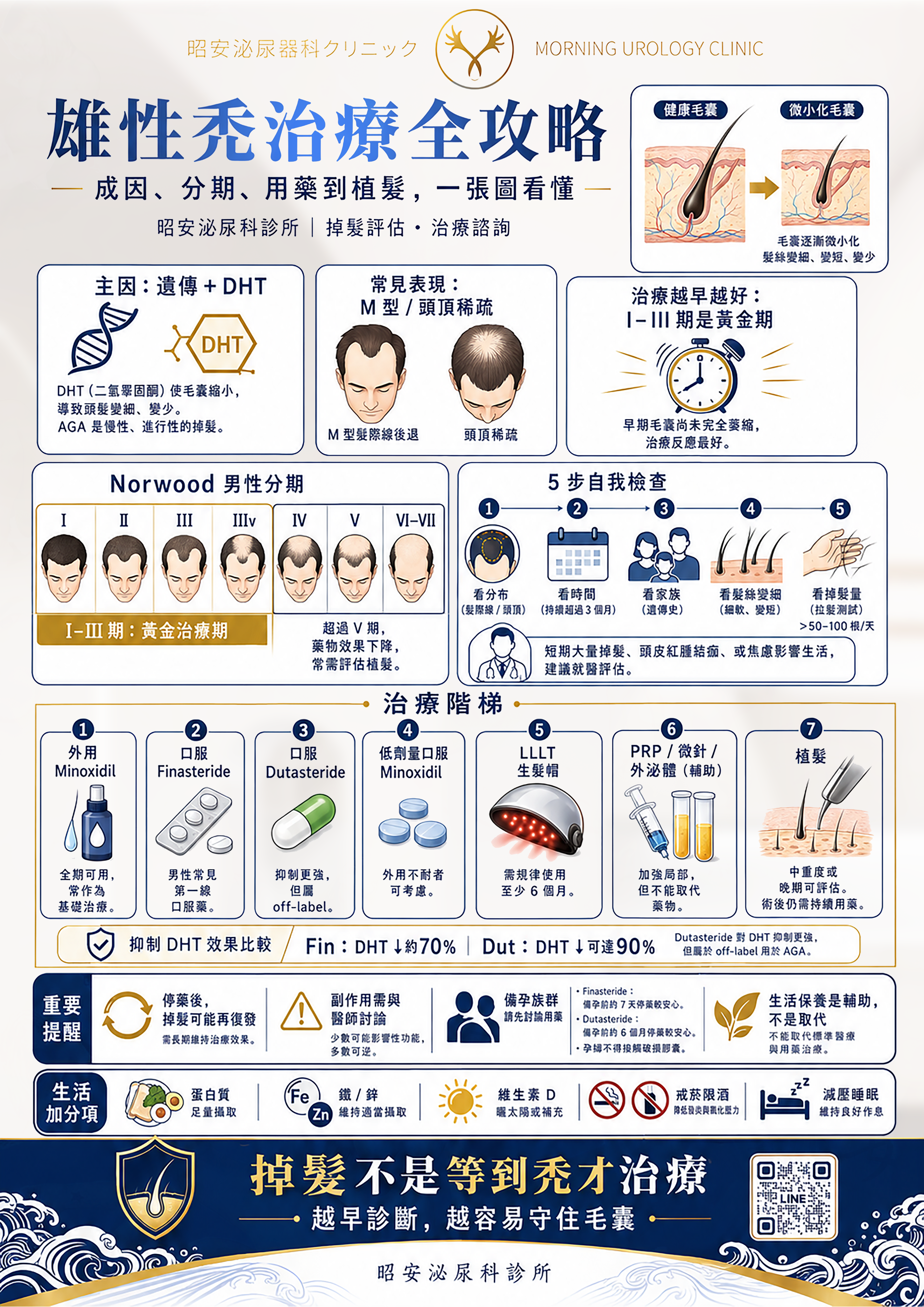 常見落髮原因與雄性禿治療-越早治療保留越多毛囊 昭安泌尿科診所解析常見落髮原因與雄性禿治療。圖解4大落髮原因:雄性禿、休止期落髮、脂漏性皮膚炎與其他原因。強調雄性禿治療以口服治療(抑制DHT)與外用生髮(Minoxidil)為主。越早治療,越能保留毛囊,提供專業頭皮檢測與客製療程。