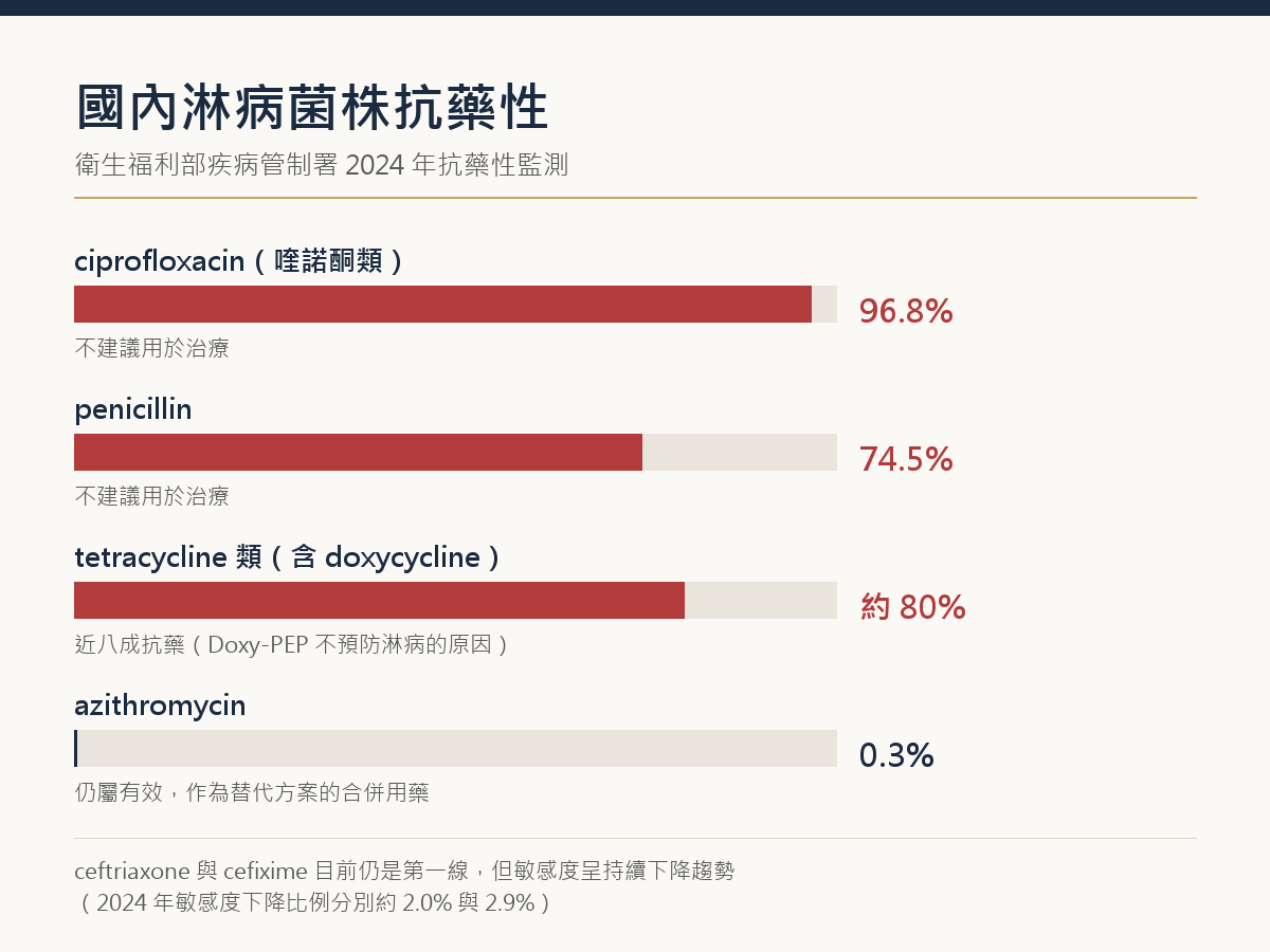 國內淋病菌株抗藥性-疾管署2024年監測 國內淋病菌株抗藥性(疾病管制署 2024 年監測):ciprofloxacin 抗藥性 96.8%、penicillin 74.5%、四環黴素類近八成、azithromycin 約 0.3%。