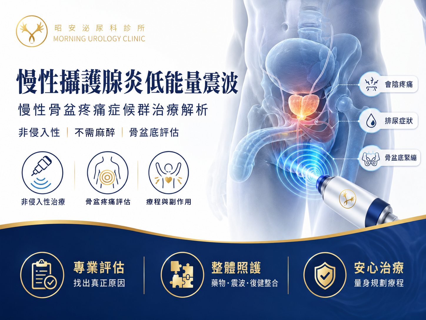 慢性攝護腺炎低能量震波示意圖：非侵入性、不需麻醉，探頭放在會陰皮膚，作用於攝護腺周圍與骨盆底；圖中標示會陰疼痛、排尿症狀、骨盆底緊繃三類症狀。震波不能殺菌，要先排除感染、結石與腫瘤；可以單獨做，也可以和藥物、骨盆底復健一起安排。