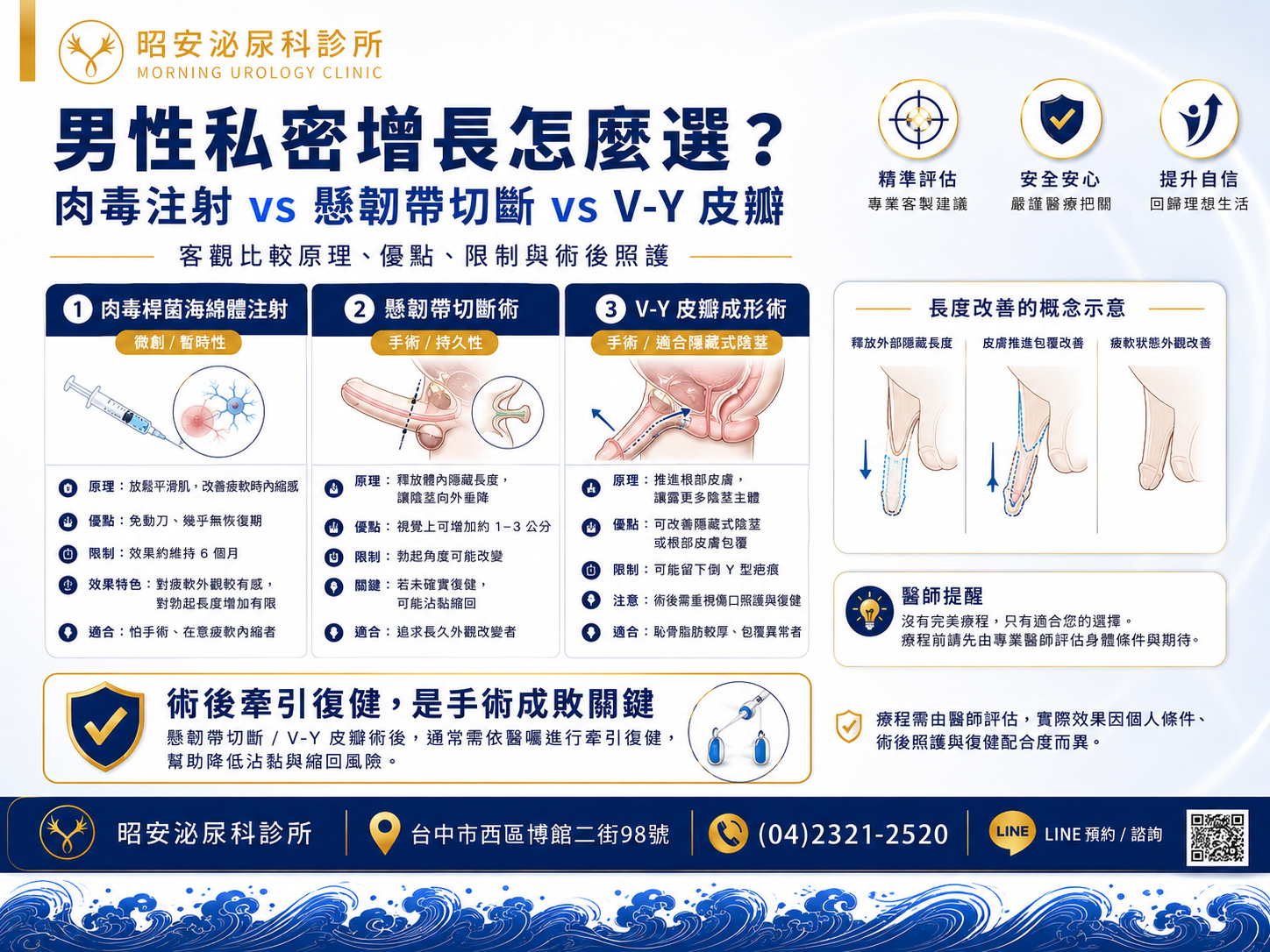 陰莖延長術怎麼選-肉毒與懸韌帶切斷及VY皮瓣完整比較 昭安泌尿科診所製作的陰莖增長療程比較圖。詳細解析肉毒注射、懸韌帶切斷術與 V-Y 皮瓣成形術三大方式。圖表比較各項療程的作用原理、優缺點(如肉毒免動刀但短暫,韌帶切斷可延長但勃起角度會降低,V-Y皮瓣能改善隱藏式陰莖但有疤痕)。特別強調手術後必須配合陰莖牽引器進行嚴格復健,否則容易因疤痕沾黏而無效。
