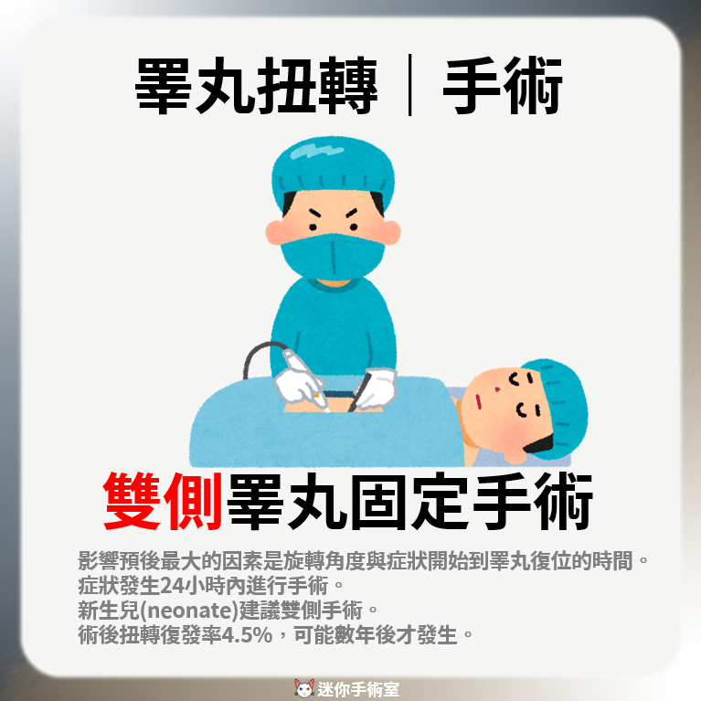 睪丸扭轉手術為雙側睪丸固定手術，術後扭轉復發率約4.5%