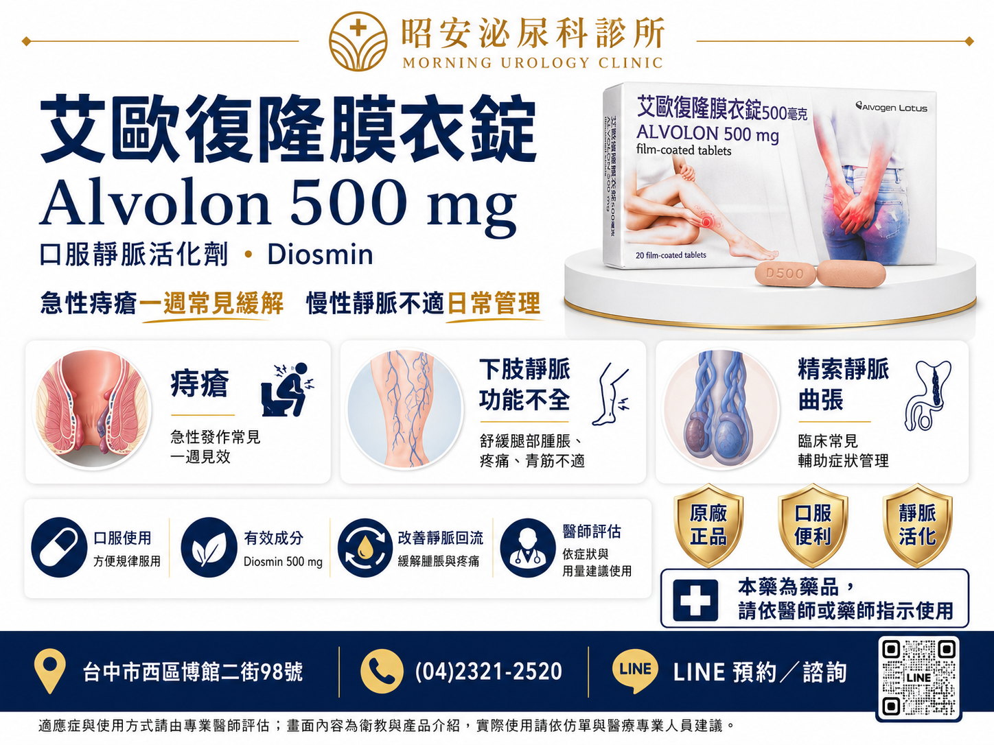 艾歐復隆Alvolon-緩解痔瘡與精索靜脈曲張的口服靜脈活化劑 昭安泌尿科診所提供艾歐復隆膜衣錠 Alvolon 500mg 衛教資訊。這是一款含有 Diosmin 的口服靜脈活化劑。圖解其三大適應症:急性痔瘡一週常見緩解、改善下肢靜脈功能不全的腫脹疼痛、以及輔助精索靜脈曲張的症狀管理。主打原廠正品、口服便利、有效改善靜脈回流,本藥為藥品,需依醫師評估與建議劑量使用。