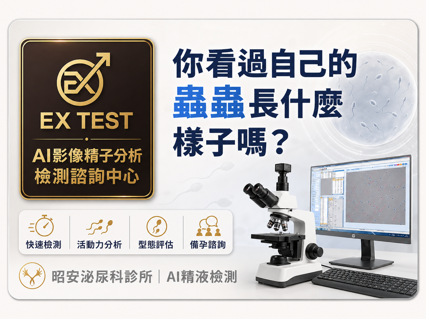 AI影像精子分析-快速精準的男性備孕檢測 昭安泌尿科診所引進EX TEST AI影像精子分析檢測諮詢中心。海報提問「你看過自己的蟲蟲長什麼樣子嗎?」,並展示高階顯微鏡與AI分析螢幕畫面。系統具備快速檢測、精準活動力分析、客觀型態評估,搭配專業備孕諮詢,協助男性全面掌握生殖健康。